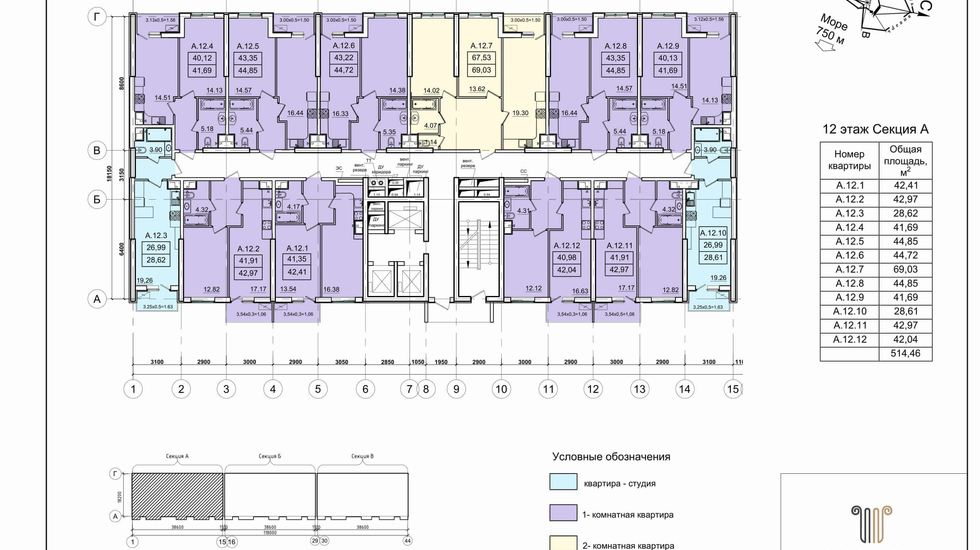 ЖК Эллада типовые планировки секции А с 2 по 12 этаж