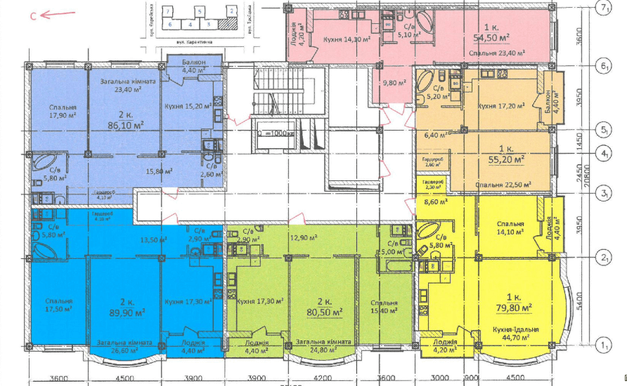 Типовая планировка этажа 1 секции ЖК Дом на Еврейской 