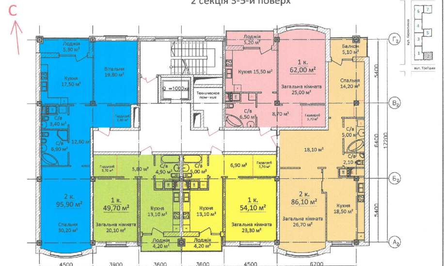 Типовая планировка этажа 2 секции ЖК Дом на Еврейской 