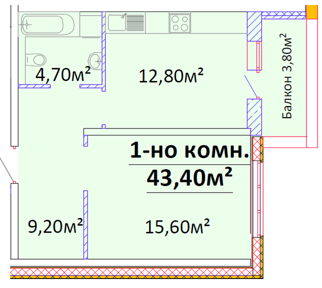 Планировка 1к квартиры ЖК Будова на Гагарина 