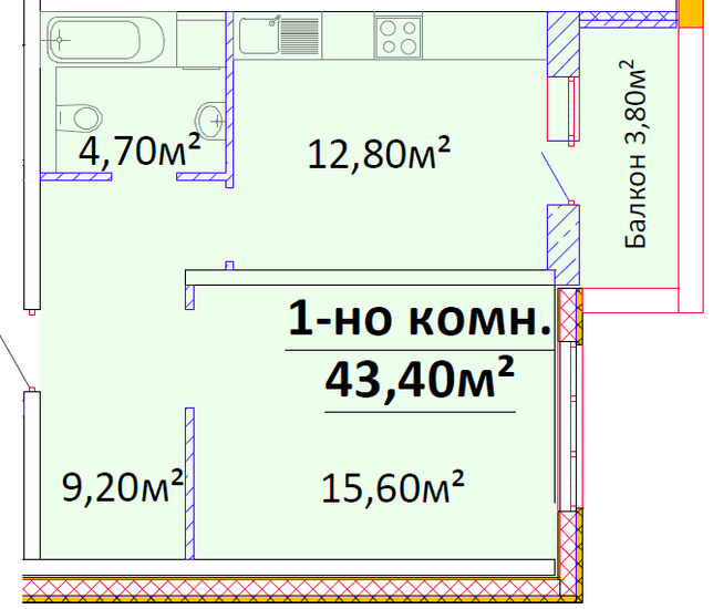 Планировка 1к квартиры ЖК Будова на Гагарина 